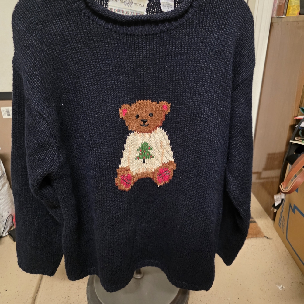 Marisa Christina Navy Crewneck Sweater with Teddy Bear Intarsia